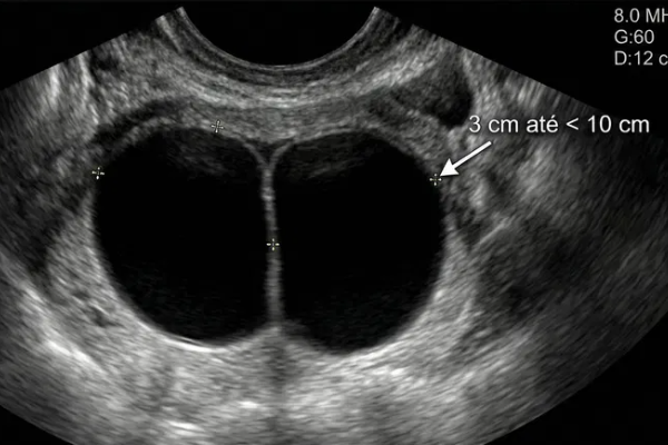 Illustration: Smooth non-simple unilocular cyst (internal echoes and/or incomplete septations) or smooth bilocular cyst 3 cm to <10 cm
